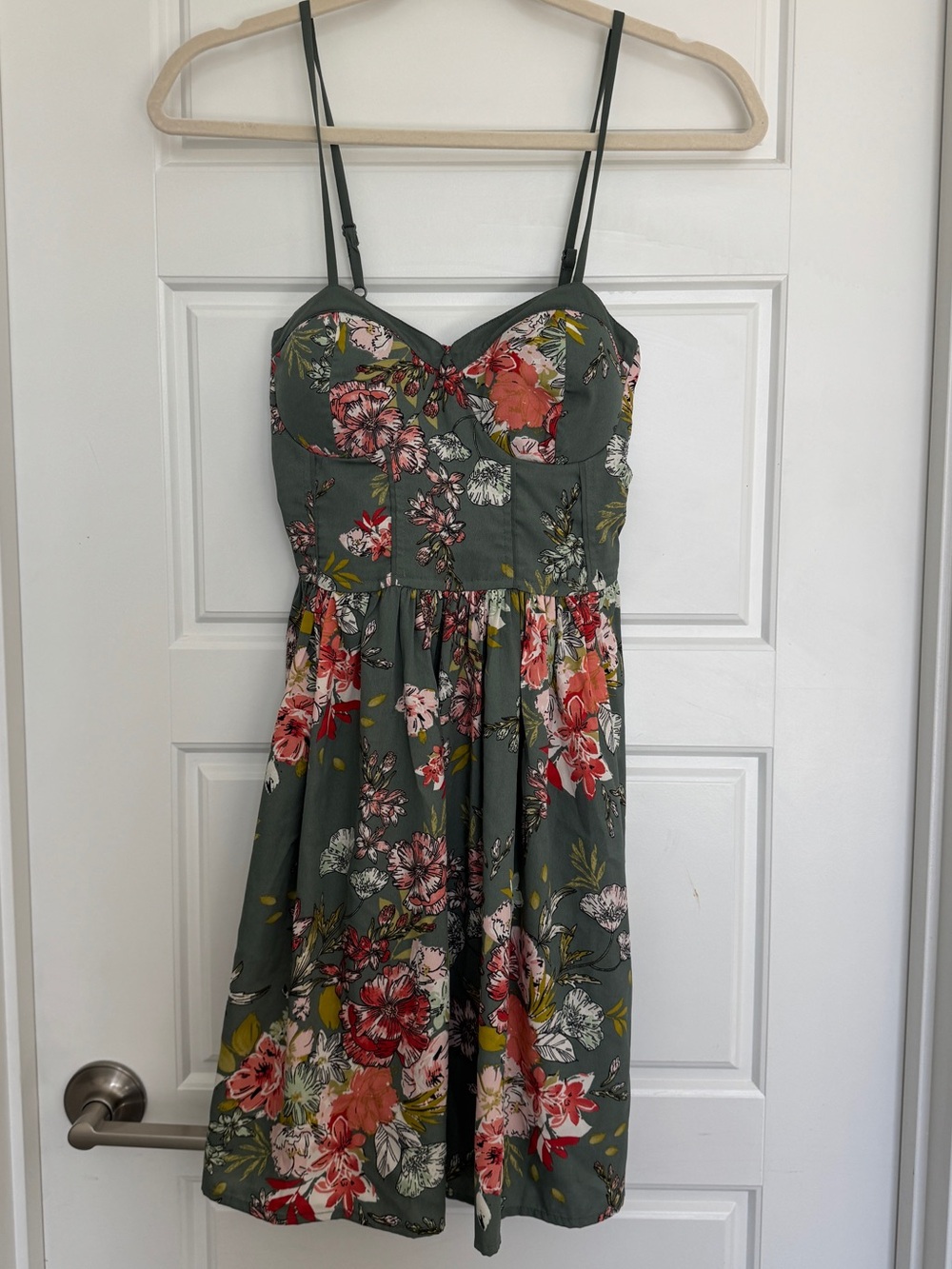 Floral Sundress with Spaghetti Straps - Olive Green